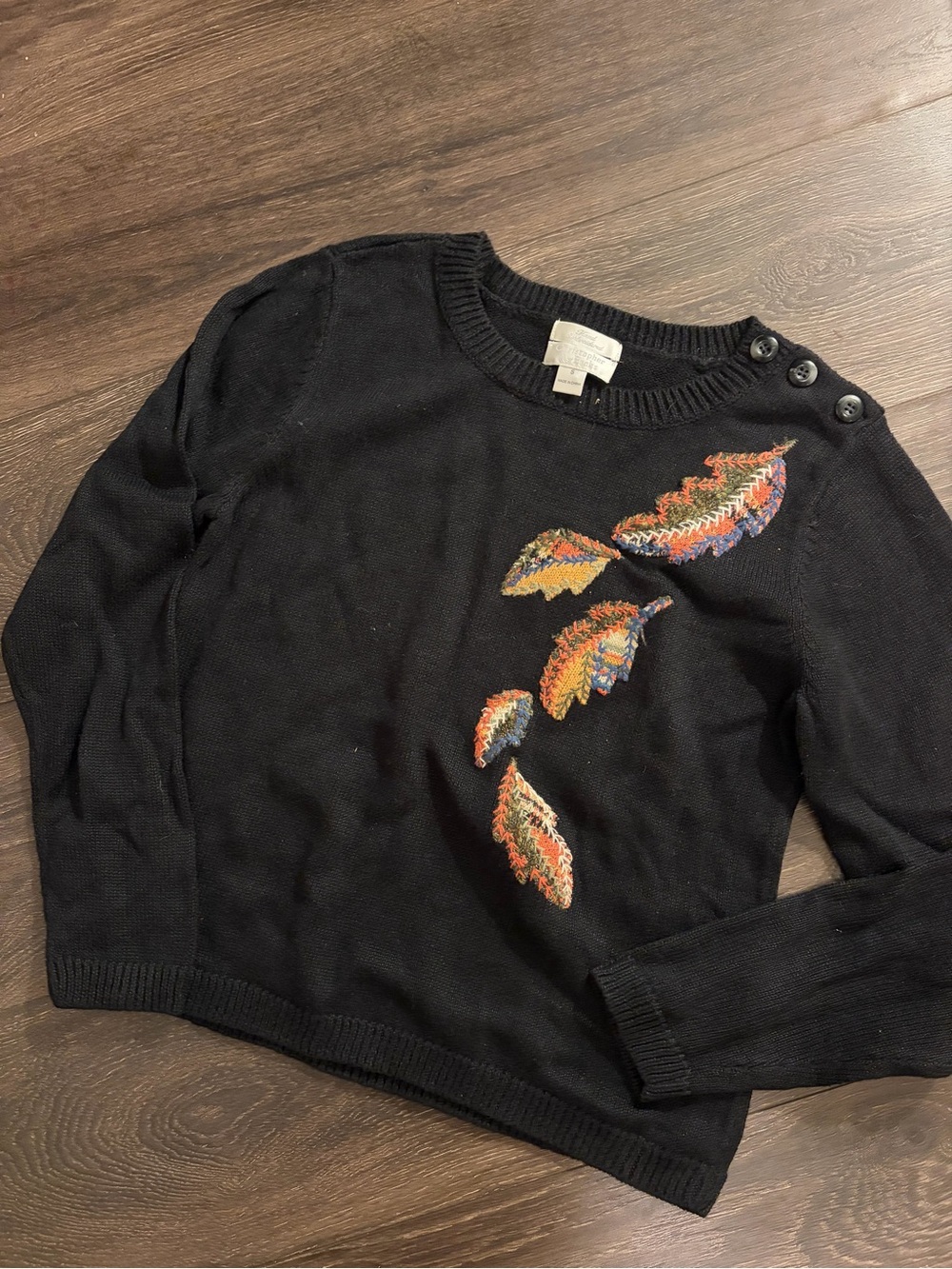 Vtg Christopher & Banks Black Sweater with Feather Embroidery Cottagecore small